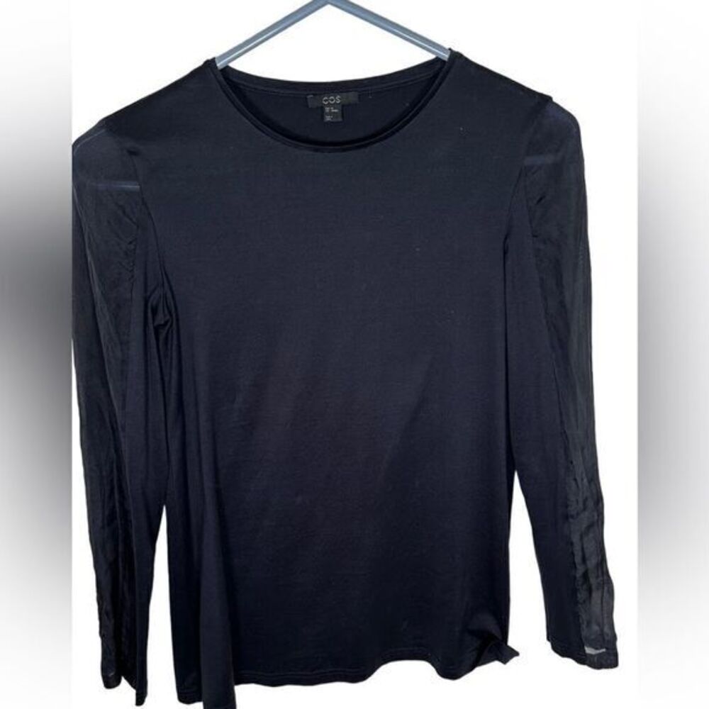 COS Womens Black Crewneck Cotton Top‎ Sheer Silk Sleeves Long Sleeve XS